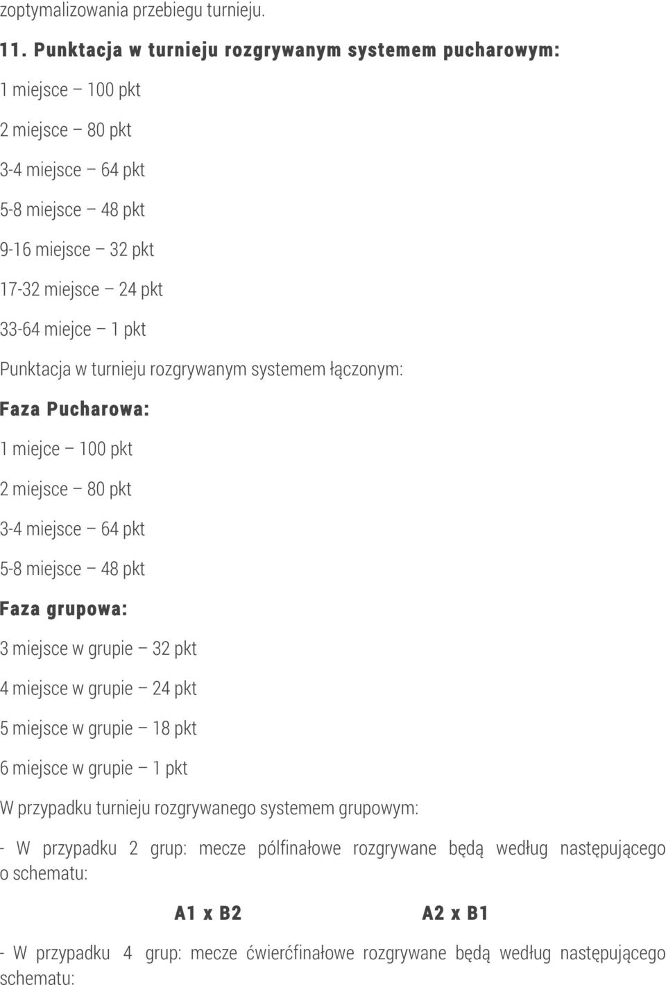 pkt Punktacja w turnieju rozgrywanym systemem łączonym: Faza Pucharowa: 1 miejce 100 pkt 2 miejsce 80 pkt 3-4 miejsce 64 pkt 5-8 miejsce 48 pkt Faza grupowa: 3 miejsce w grupie 32