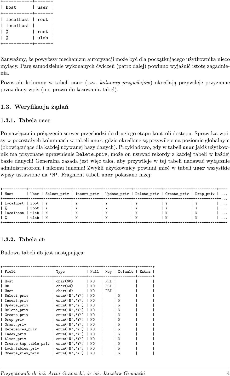 prawo do kasowania tabel). 1.3. Weryfikacja żądań 1.3.1. Tabela user Po nawiązaniu połączenia serwer przechodzi do drugiego etapu kontroli dostępu.