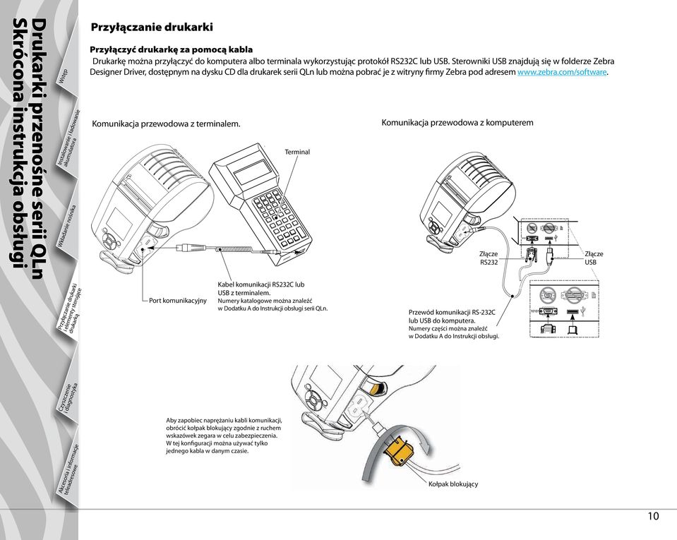 Komunikacja przewodowa z terminalem. Port komunikacyjny Terminal Kabel komunikacji RS232C lub USB z terminalem. Numery katalogowe można znaleźć w Dodatku A do Instrukcji obsługi serii QLn.
