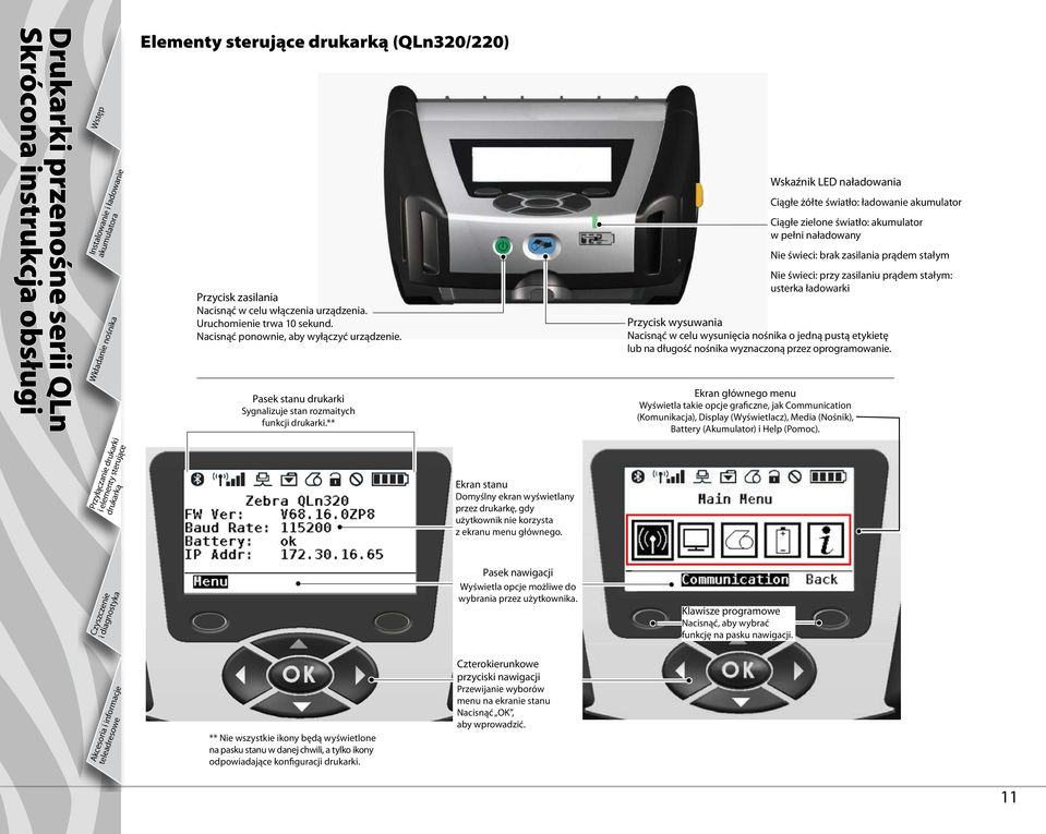Wskaźnik LED naładowania Ciągłe żółte światło: ładowanie akumulator Ciągłe zielone światło: akumulator w pełni naładowany Przycisk wysuwania Nacisnąć w celu wysunięcia nośnika o jedną pustą etykietę