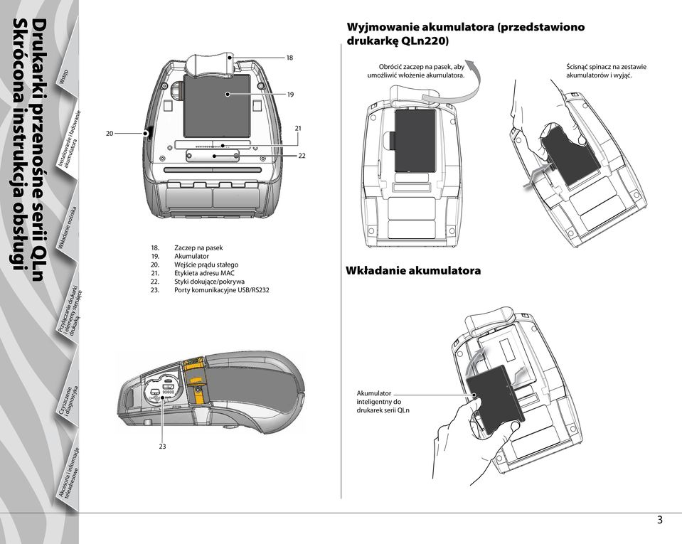 Porty komunikacyjne USB/RS232 18 19 21 22 Wyjmowanie (przedstawiono drukarkę QLn220)