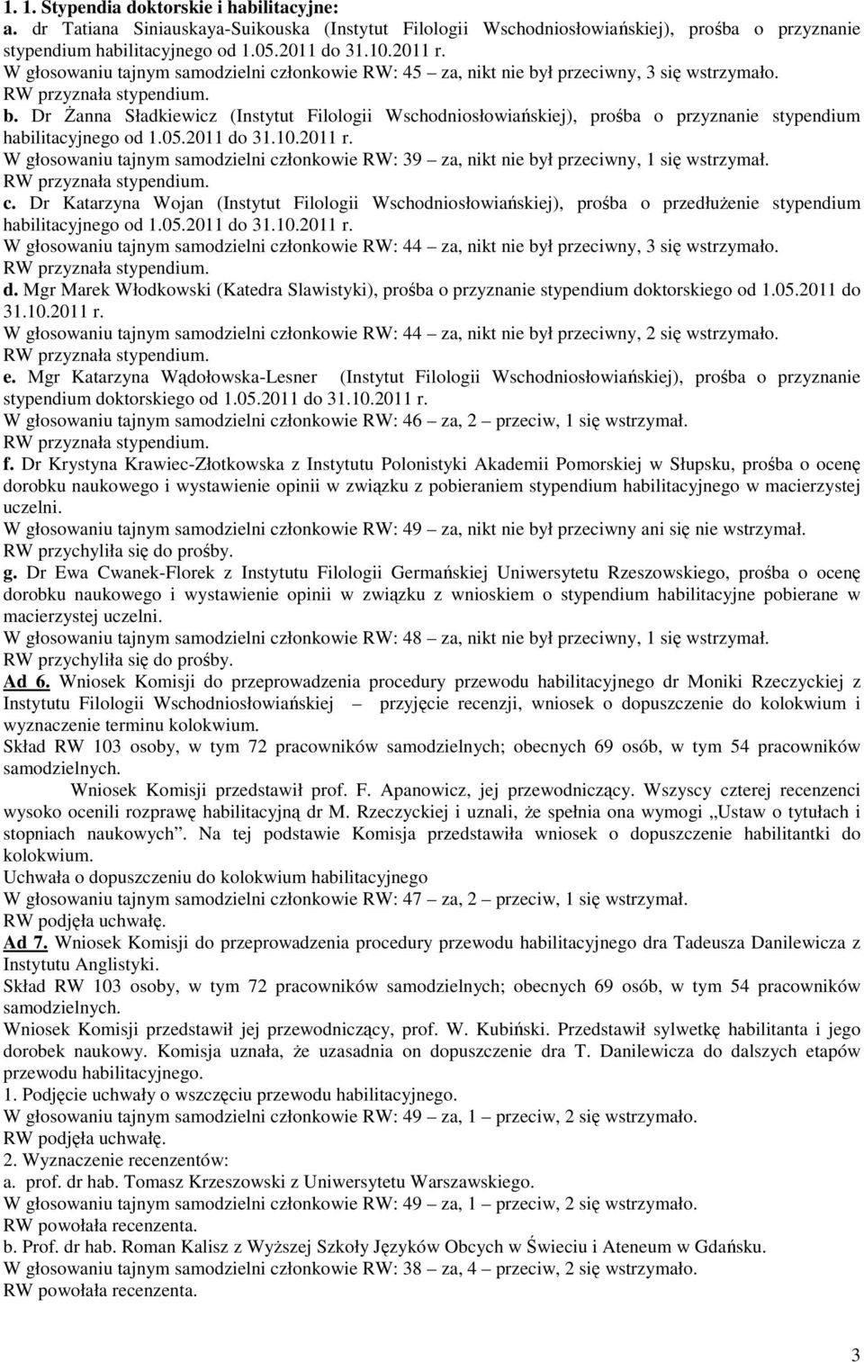 05.2011 do 31.10.2011 r. W głosowaniu tajnym samodzielni członkowie RW: 39 za, nikt nie był przeciwny, 1 się wstrzymał. c. Dr Katarzyna Wojan (Instytut Filologii Wschodniosłowiańskiej), prośba o przedłuŝenie stypendium habilitacyjnego od 1.