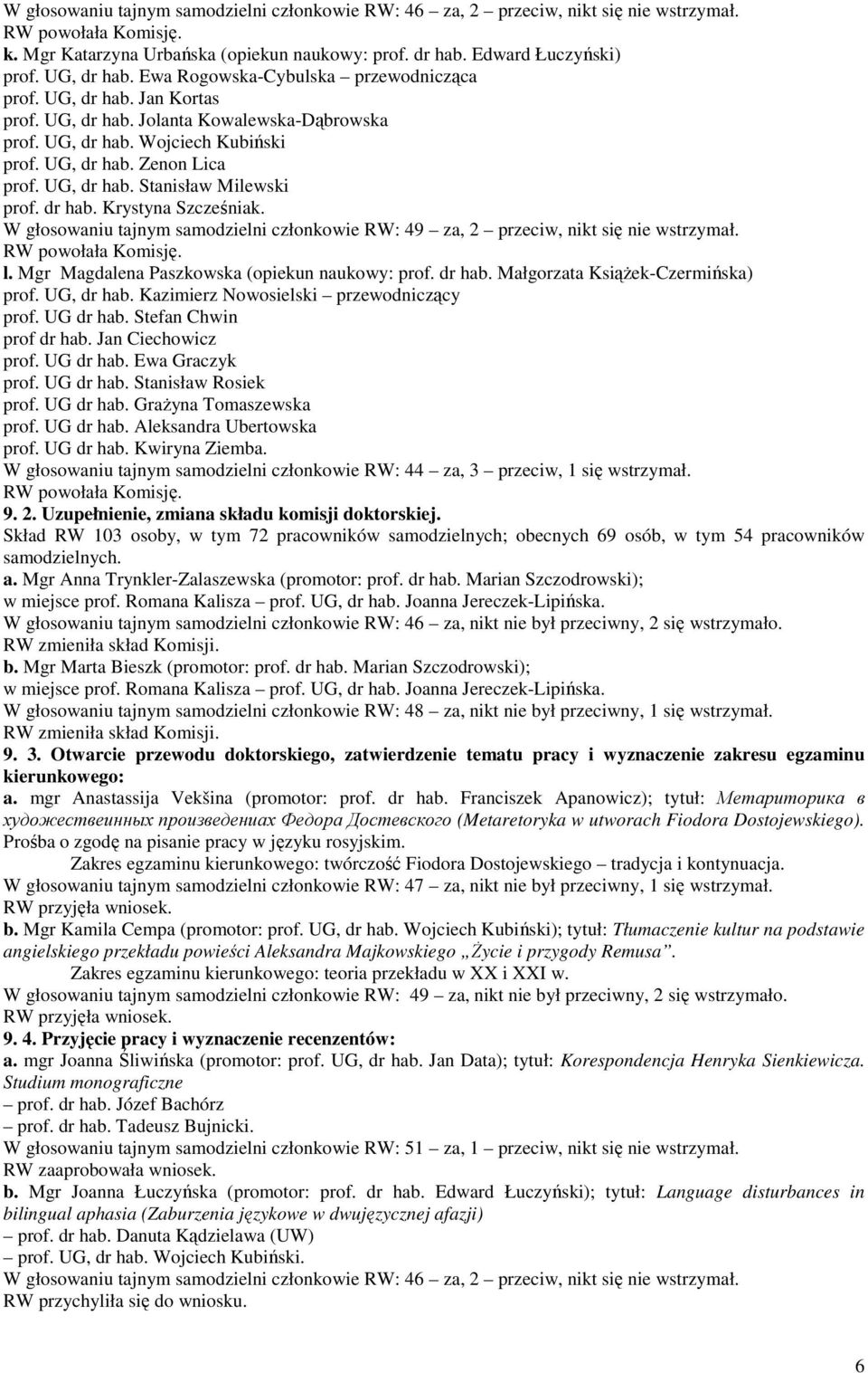 dr hab. Krystyna Szcześniak. W głosowaniu tajnym samodzielni członkowie RW: 49 za, 2 przeciw, nikt się nie wstrzymał. l. Mgr Magdalena Paszkowska (opiekun naukowy: prof. dr hab.