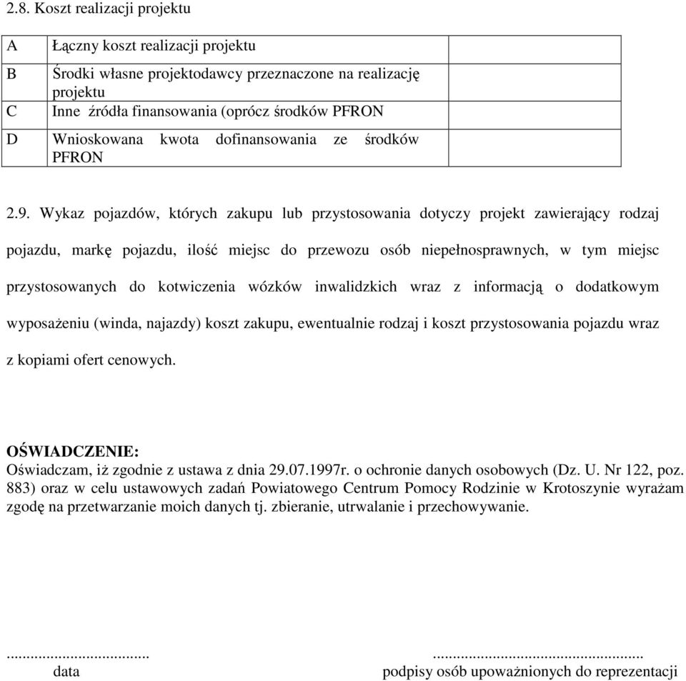 Wykaz pojazdów, których zakupu lub przystosowania dotyczy projekt zawierający rodzaj pojazdu, markę pojazdu, ilość miejsc do przewozu osób niepełnosprawnych, w tym miejsc przystosowanych do