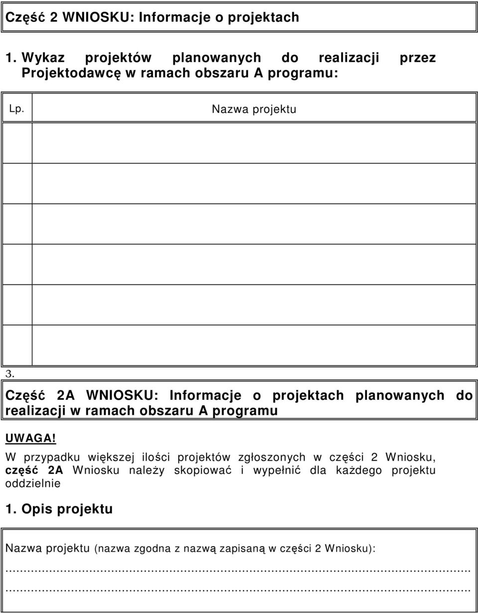 Część 2A WNIOSKU: Informacje o projektach planowanych do realizacji w ramach obszaru A programu UWAGA!