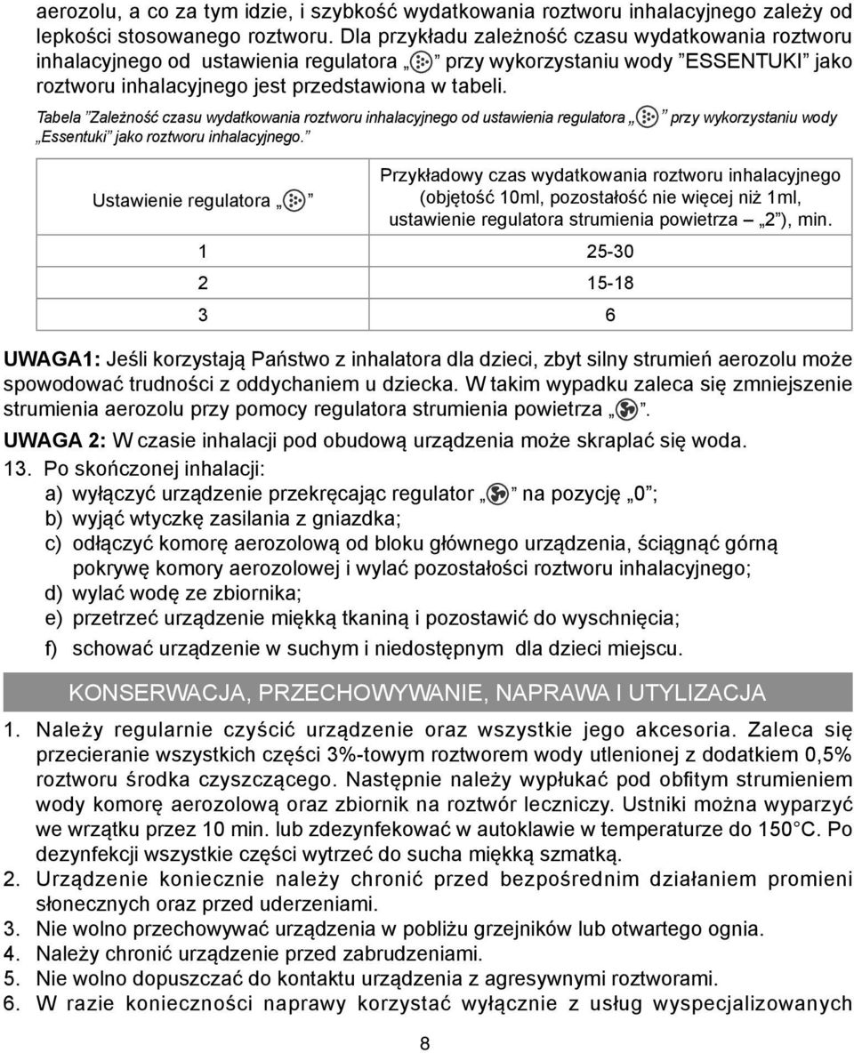 Tabela Zależność czasu wydatkowania roztworu inhalacyjnego od ustawienia regulatora Essentuki jako roztworu inhalacyjnego.