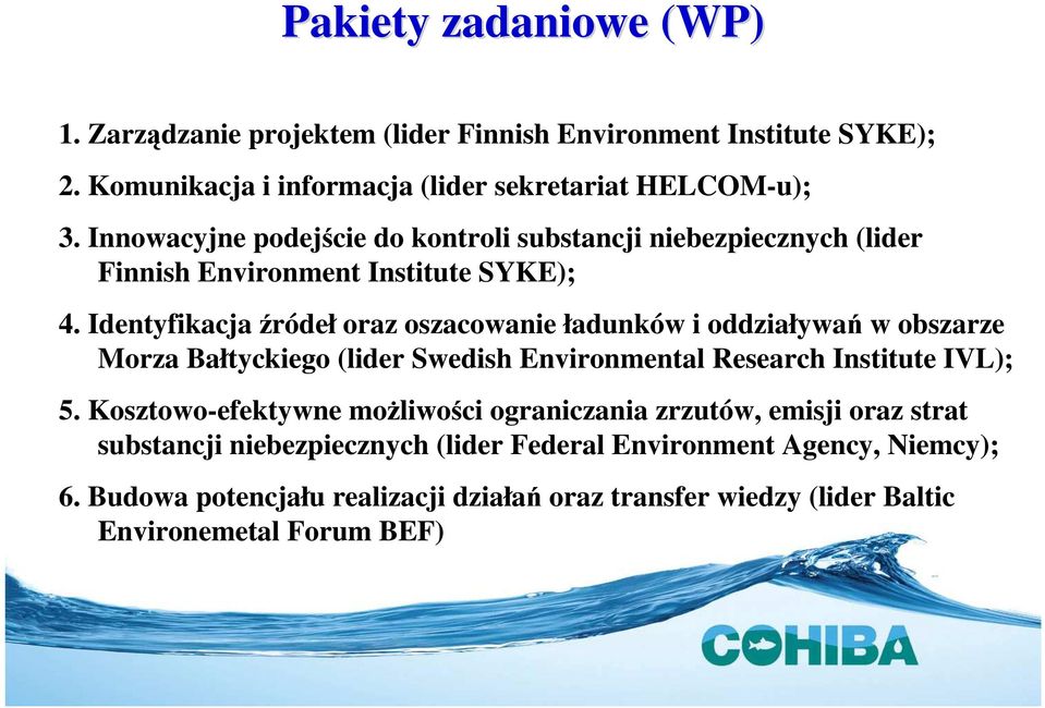 Identyfikacja źródeł oraz oszacowanie ładunków i oddziaływań w obszarze Morza Bałtyckiego (lider Swedish Environmental Research Institute IVL); 5.
