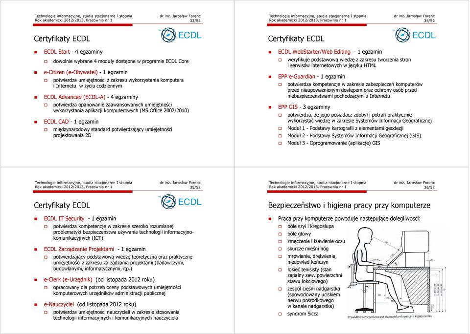 zaawansowanych umiejętności wykorzystania aplikacji komputerowych (MS Office 2007/2010) ECDL CAD-1 egzamin międzynarodowy standard potwierdzający umiejętności projektowania 2D ECDL WebStarter/Web