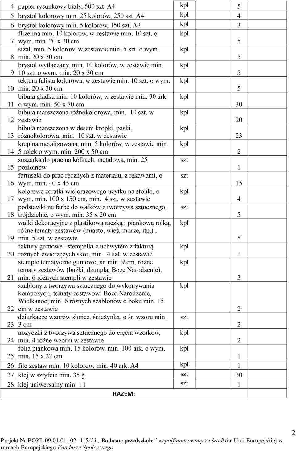 0 x 0 cm bibuła gładka min. 0 kolorów, w zestawie min. 0 ark. o wym. min. 0 x 70 cm 0 bibuła marszczona różnokolorowa, min. 0. w zestawie 0 bibuła marszczona w deseń: kropki, paski, różnokolorowa, min.