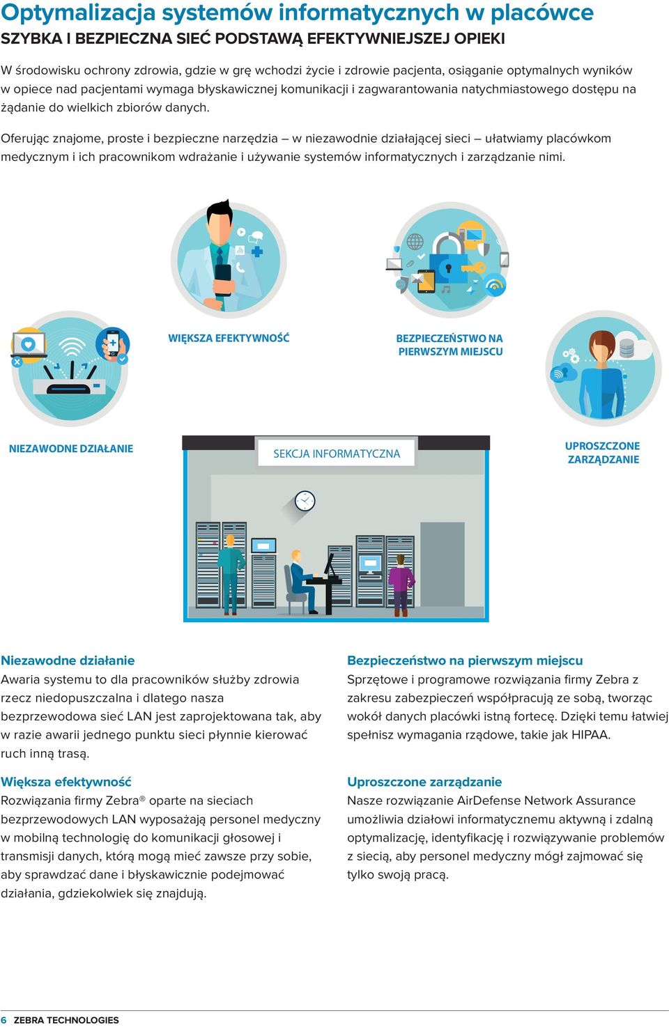 Oferując znajome, proste i bezpieczne narzędzia w niezawodnie działającej sieci ułatwiamy placówkom medycznym i ich pracownikom wdrażanie i używanie systemów informatycznych i zarządzanie nimi.