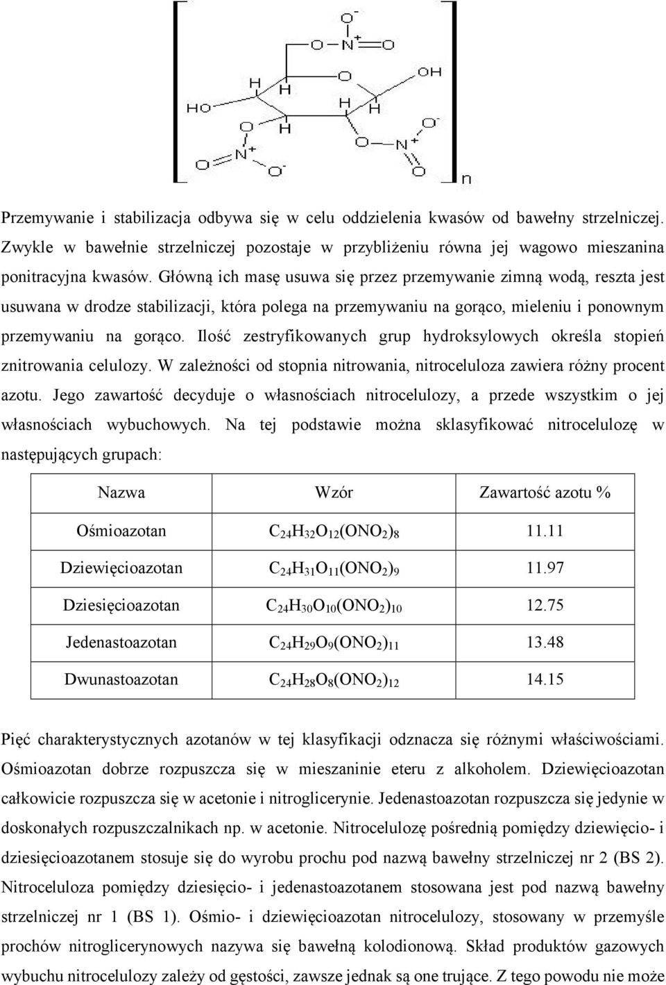 Ilość zestryfikowanych grup hydroksylowych określa stopień znitrowania celulozy. W zależności od stopnia nitrowania, nitroceluloza zawiera różny procent azotu.