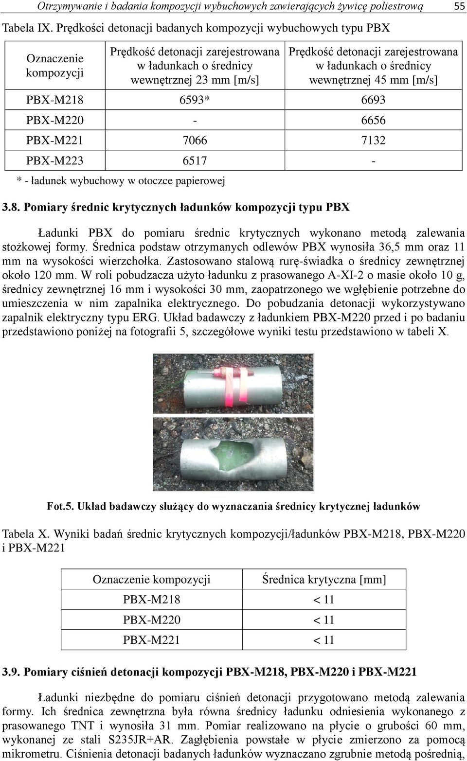 ładunkach o średnicy wewnętrznej 45 mm [m/s] PBX-M218 6593* 6693 PBX-M220-6656 PBX-M221 7066 7132 PBX-M223 6517 - * - ładunek wybuchowy w otoczce papierowej 3.8. Pomiary średnic krytycznych ładunków kompozycji typu PBX Ładunki PBX do pomiaru średnic krytycznych wykonano metodą zalewania stożkowej formy.