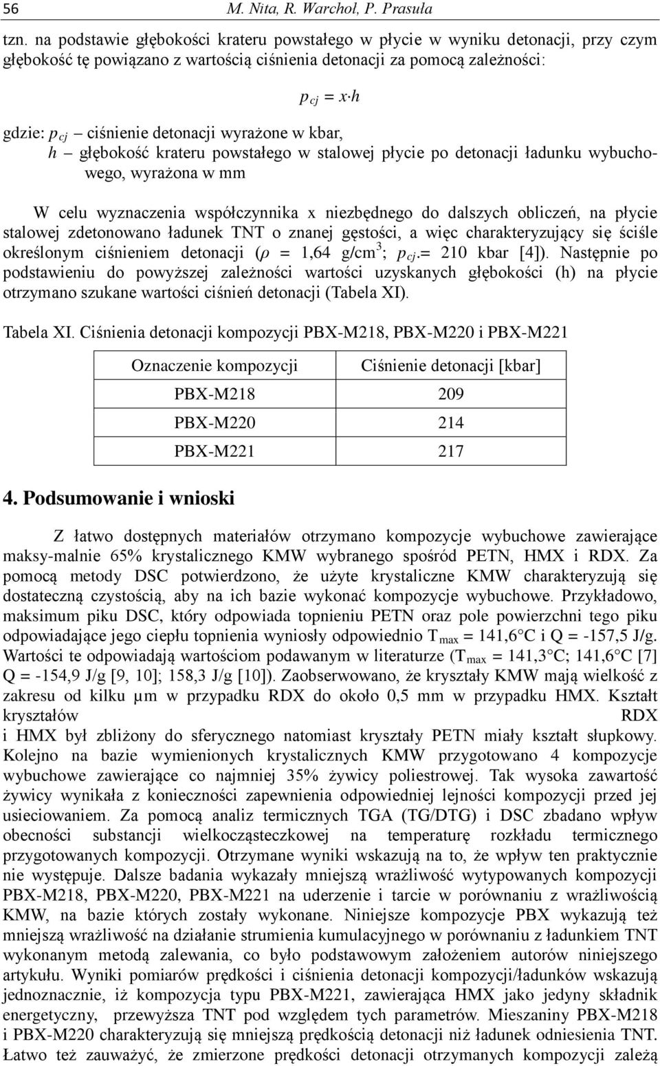 detonacji wyrażone w kbar, h głębokość krateru powstałego w stalowej płycie po detonacji ładunku wybuchowego, wyrażona w mm W celu wyznaczenia współczynnika x niezbędnego do dalszych obliczeń, na
