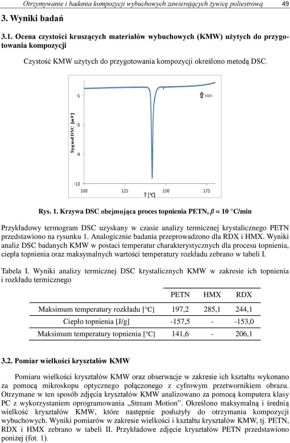 Krzywa DSC obejmująca proces topnienia PETN, β = 10 C/min Przykładowy termogram DSC uzyskany w czasie analizy termicznej krystalicznego PETN przedstawiono na rysunku 1.