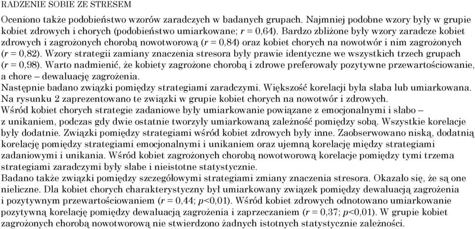 Wzory strategii zamiany znaczenia stresora były prawie identyczne we wszystkich trzech grupach (r = 0,98).