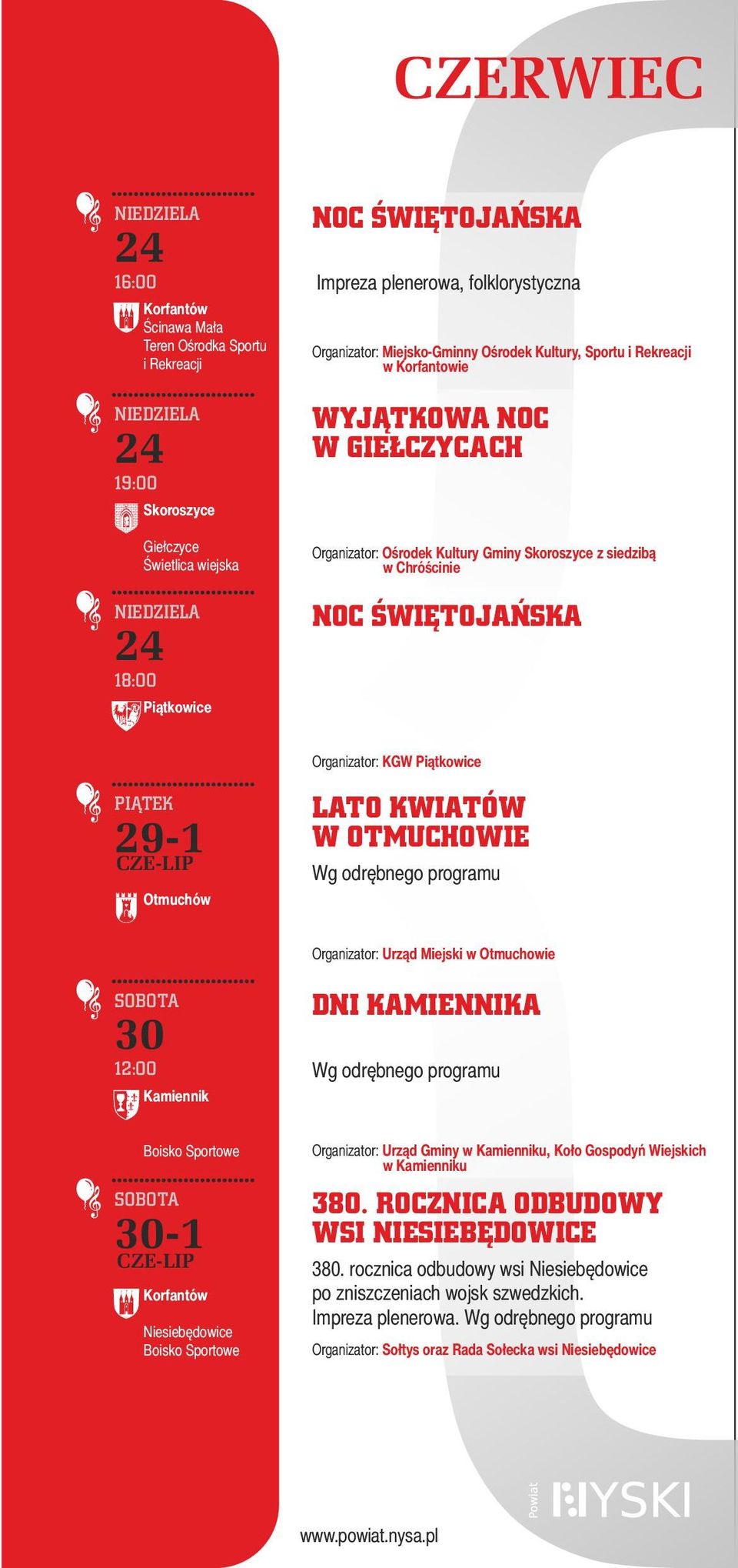 CZE-LIP Otmuchów Organizator: KGW Piątkowice LATO KWIATÓW W OTMUCHOWIE Organizator: Urząd Miejski w Otmuchowie 30 12:00 Kamiennik DNI KAMIENNIKA Boisko Sportowe 30-1 CZE-LIP Korfantów Niesiebędowice