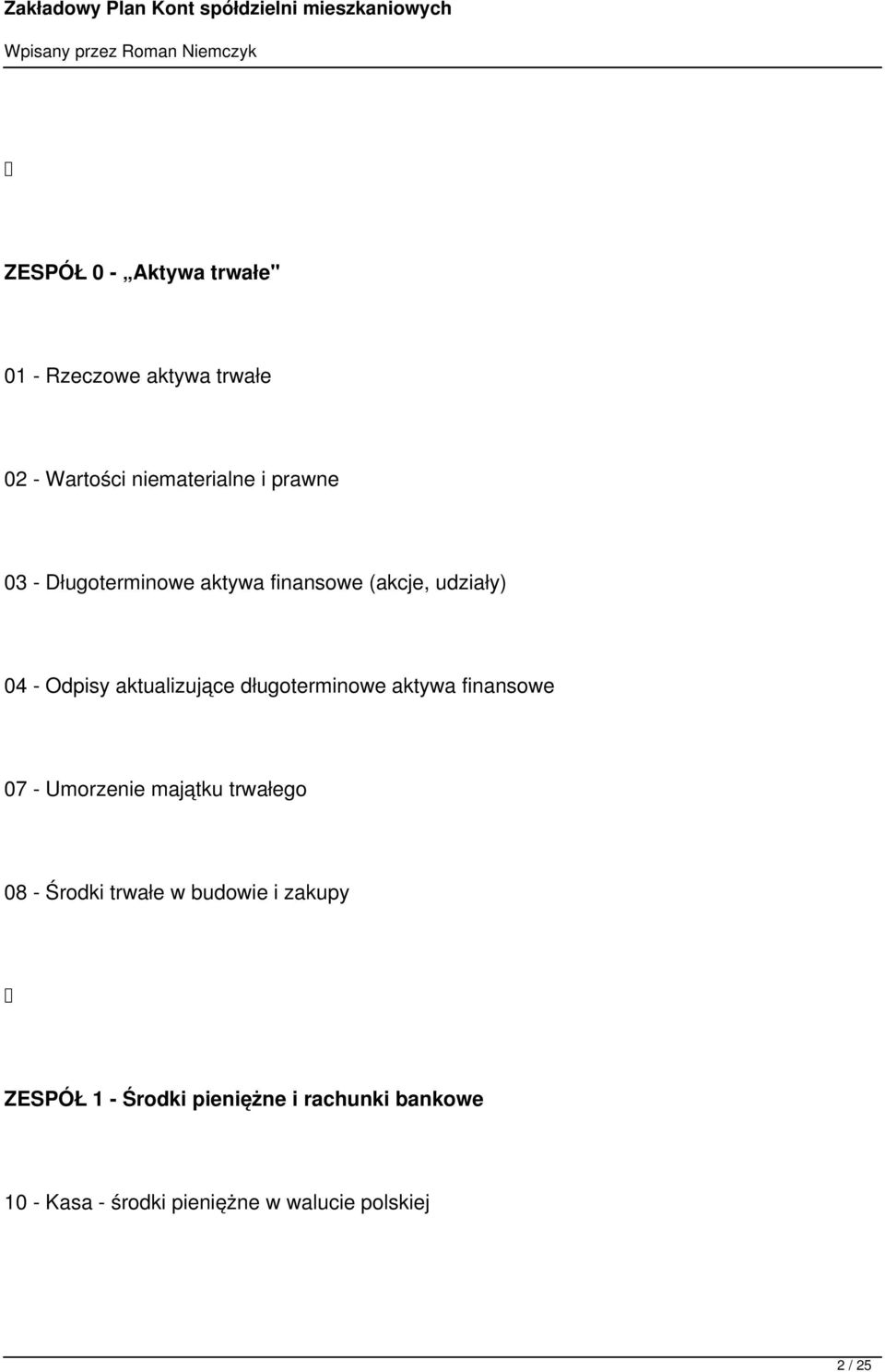 aktywa finansowe 07 - Umorzenie majątku trwałego 08 - Środki trwałe w budowie i zakupy ZESPÓŁ