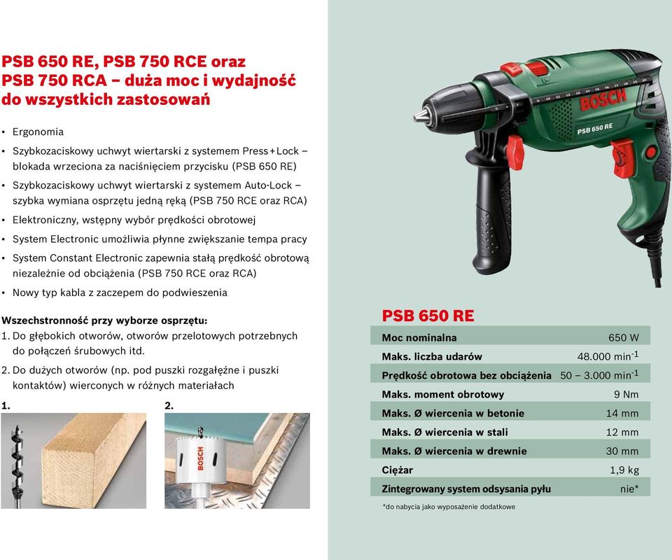 umożliwia płynne zwiększanie tempa pracy System Constant Electronic zapewnia stałą prędkość obrotową niezależnie od obciążenia (PSB 750 RCE oraz RCA) Nowy typ kabla z zaczepem do podwieszenia