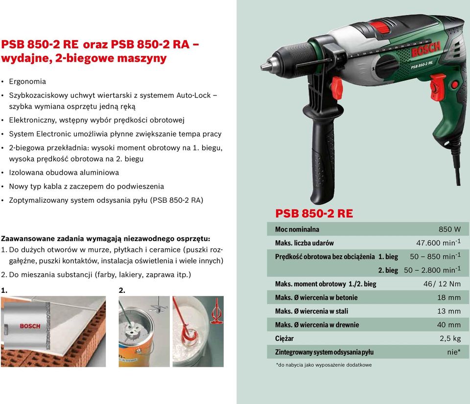 biegu Izolowana obudowa aluminiowa Nowy typ kabla z zaczepem do podwieszenia Zoptymalizowany system odsysania pyłu (PSB 850-2 RA) Zaawansowane zadania wymagają niezawodnego osprzętu: 1.