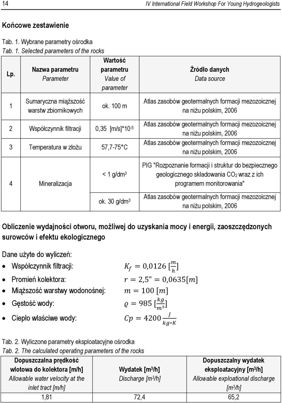 100 m Atlas zasobów geotermalnych formacji mezozoicznej na niżu polskim, 2006 2 Współczynnik filtracji 0,35 [m/s]*10-5 3 Temperatura w złożu 57,7-75 C Atlas zasobów geotermalnych formacji