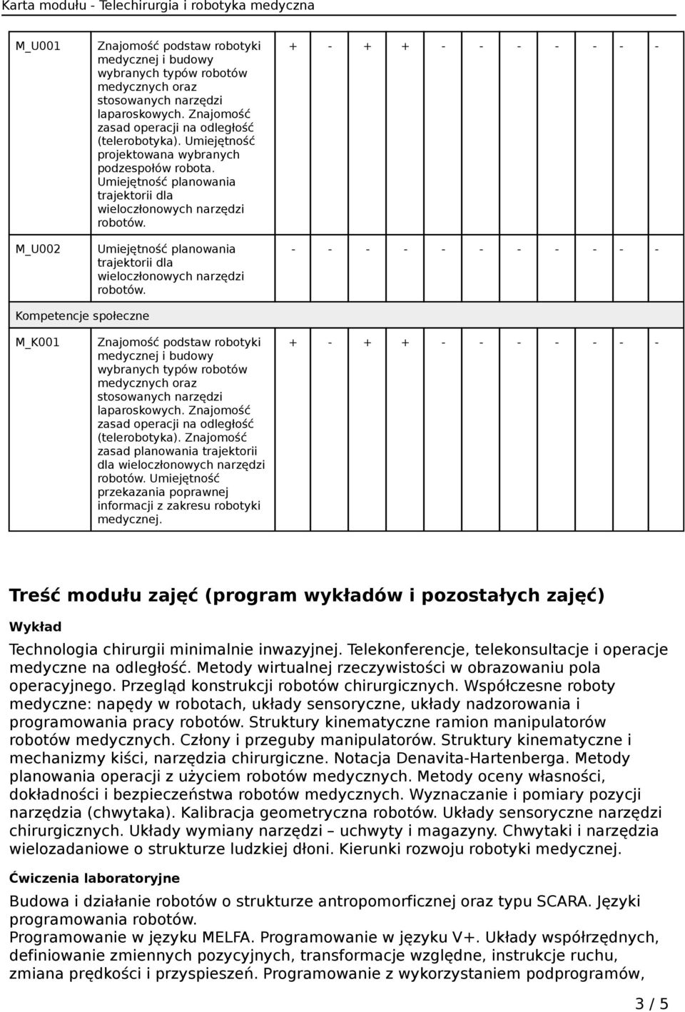 Treść modułu zajęć (program wykładów i pozostałych zajęć) Wykład Technologia chirurgii minimalnie inwazyjnej. Telekonferencje, telekonsultacje i operacje medyczne na odległość.