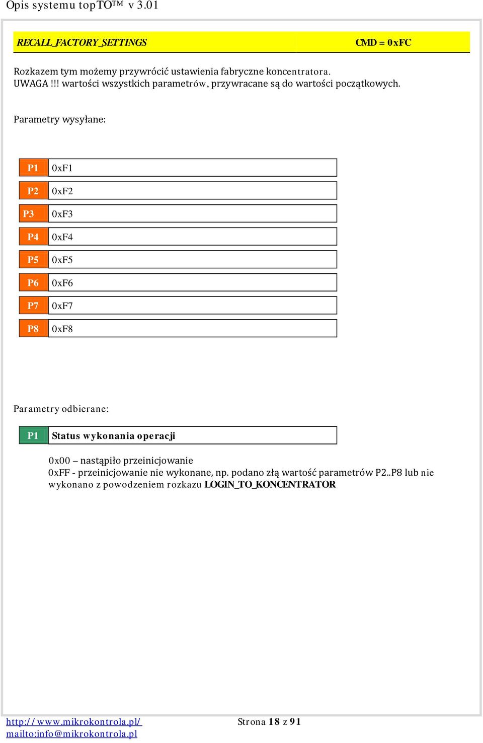 P2 P3 P4 P5 P6 P7 P8 0xF1 0xF2 0xF3 0xF4 0xF5 0xF6 0xF7 0xF8 Status wykonania operacji 0x00 nastąpiło przeinicjowanie