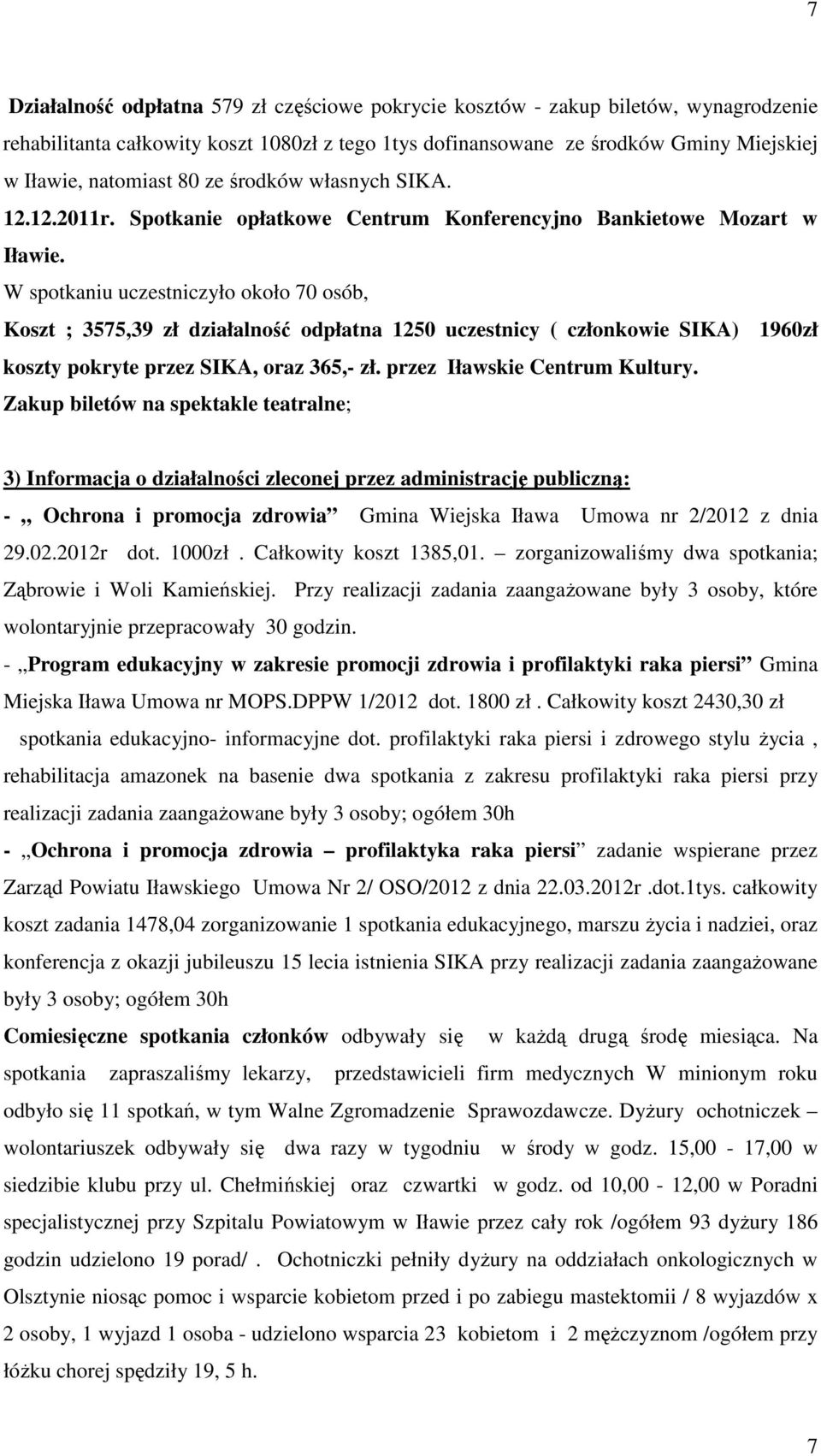 W spotkaniu uczestniczyło około 70 osób, Koszt ; 3575,39 zł działalność odpłatna 1250 uczestnicy ( członkowie SIKA) 1960zł koszty pokryte przez SIKA, oraz 365,- zł. przez Iławskie Centrum Kultury.