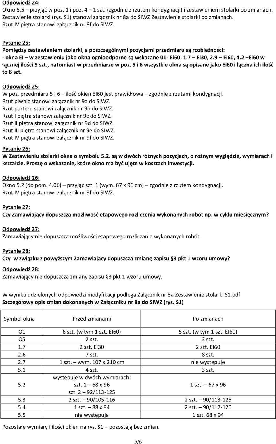 5 i 6 wszystkie okna są opisane jako Ei60 i łączna ich ilość to 8 szt. Odpowiedź 25: W poz. przedmiaru 5 i 6 ilość okien EI60 jest prawidłowa zgodnie z rzutami kondygnacji.