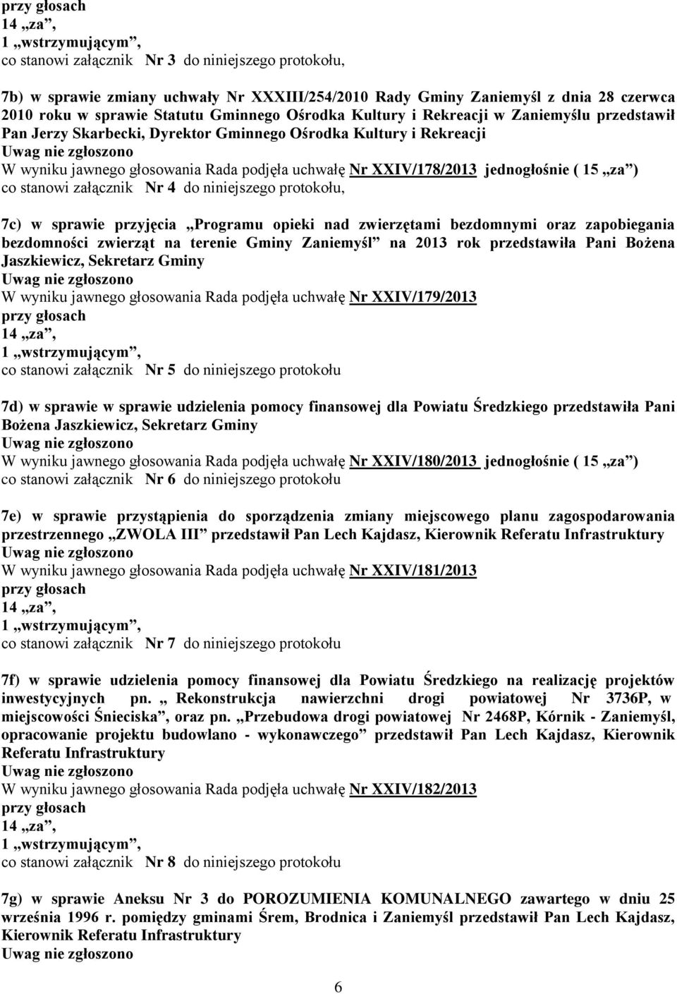 stanowi załącznik Nr 4 do niniejszego protokołu, 7c) w sprawie przyjęcia Programu opieki nad zwierzętami bezdomnymi oraz zapobiegania bezdomności zwierząt na terenie Gminy Zaniemyśl na 2013 rok