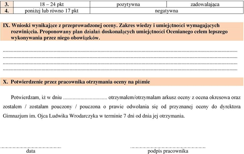 Proponowany plan działań doskonalących umiejętności Ocenianego celem lepszego wykonywania przez niego obowiązków. X.