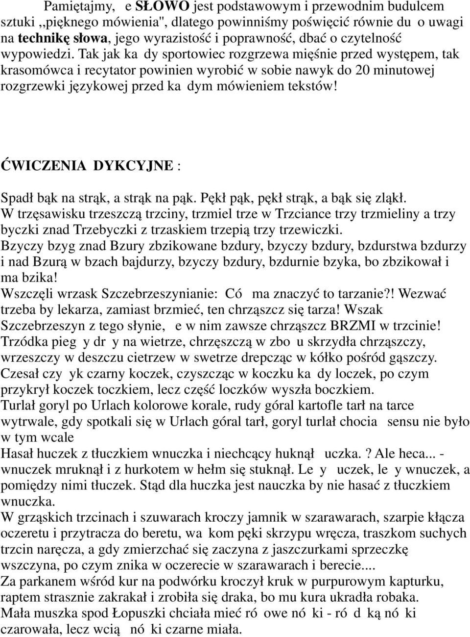 Tak jak każdy sportowiec rozgrzewa mięśnie przed występem, tak krasomówca i recytator powinien wyrobić w sobie nawyk do 20 minutowej rozgrzewki językowej przed każdym mówieniem tekstów!