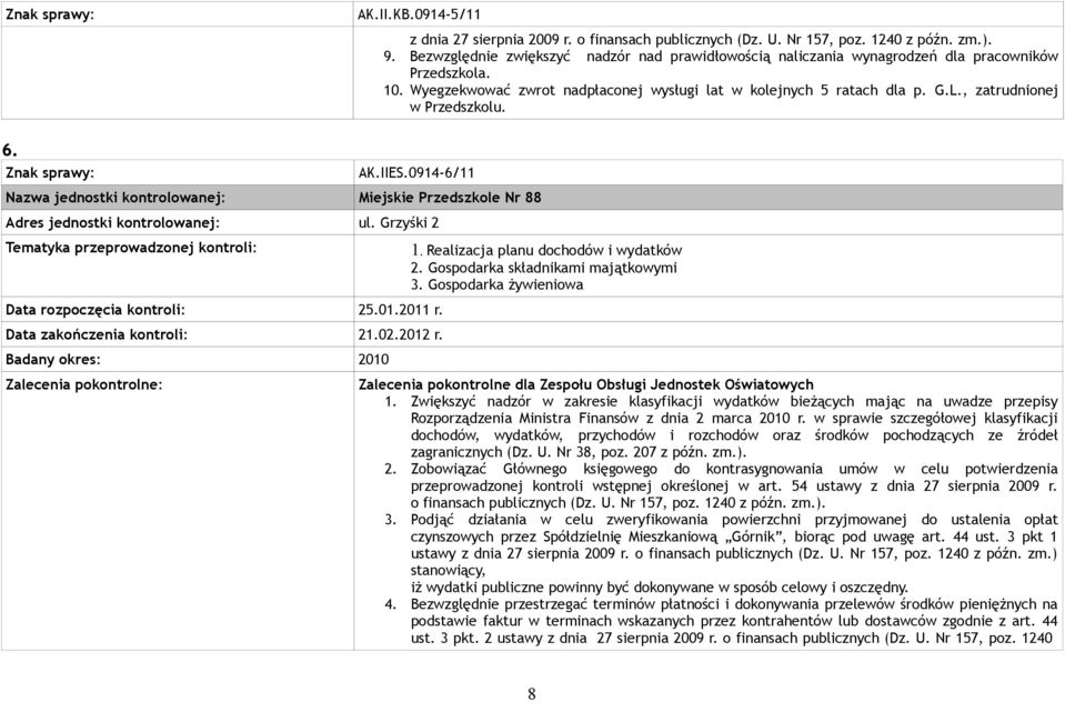 , zatrudnionej w Przedszkolu. 6. AK.IIES.0914-6/11 Nazwa jednostki kontrolowanej: Miejskie Przedszkole Nr 88 Adres jednostki kontrolowanej: ul. Grzyśki 2 Tematyka przeprowadzonej kontroli: 1.