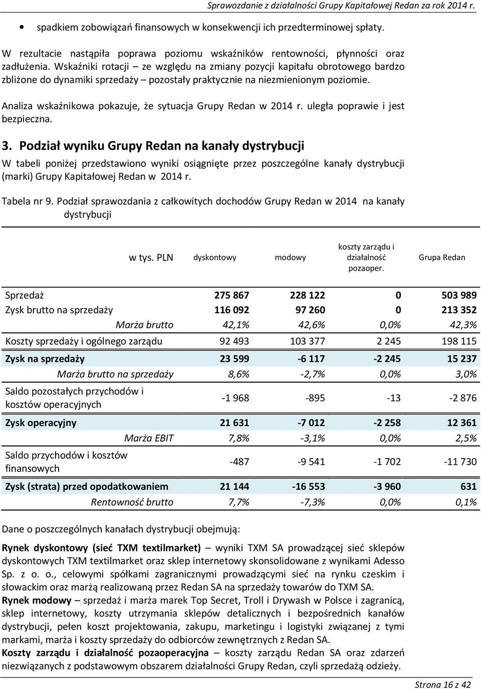 Analiza wskaźnikowa pokazuje, że sytuacja Grupy Redan w 2014 r. uległa poprawie i jest bezpieczna. 3.