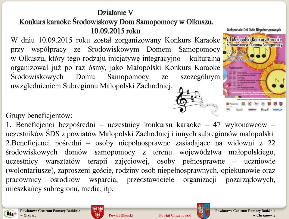 2015 roku został zorganizowany Konkurs Karaoke przy współpracy ze Środowiskowym Domem Samopomocy, który tego rodzaju inicjatywę integracyjno kulturalną organizował już po raz ósmy, jako Małopolski