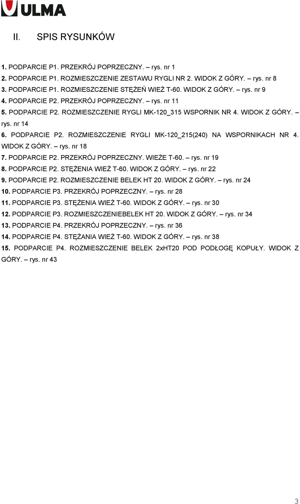 WIDOK Z GÓRY. rys. nr 18 7. PODPARCIE P2. PRZEKRÓJ POPRZECZNY. WIEŻE T-60. rys. nr 19 8. PODPARCIE P2. STĘŻENIA WIEŻ T-60. WIDOK Z GÓRY. rys. nr 22 9. PODPARCIE P2. ROZMIESZCZENIE BELEK HT 20.