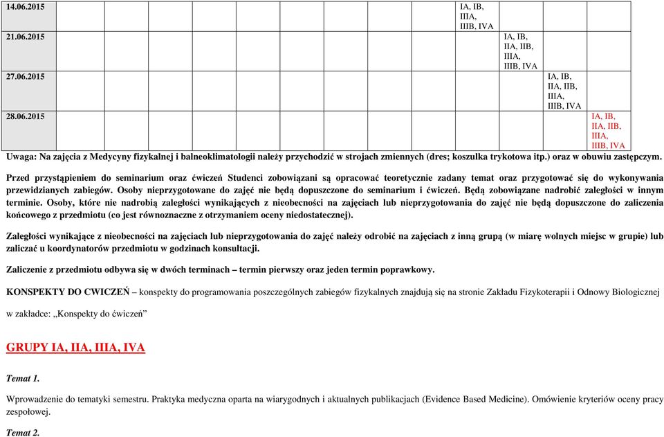 Osoby nieprzygotowane do zajęć nie będą dopuszczone do seminarium i ćwiczeń. Będą zobowiązane nadrobić zaległości w innym terminie.