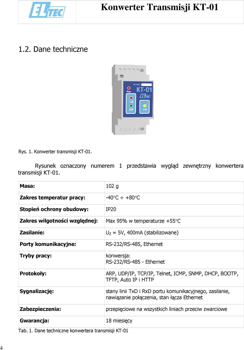 -40 C +80 C IP20 Max 95% w temperaturze +55 C U Z = 5V, 400mA (stabilizowane) RS-232/RS-485, Ethernet konwersja: RS-232/RS-485 - Ethernet ARP, UDP/IP, TCP/IP, Telnet, ICMP, SNMP, DHCP,