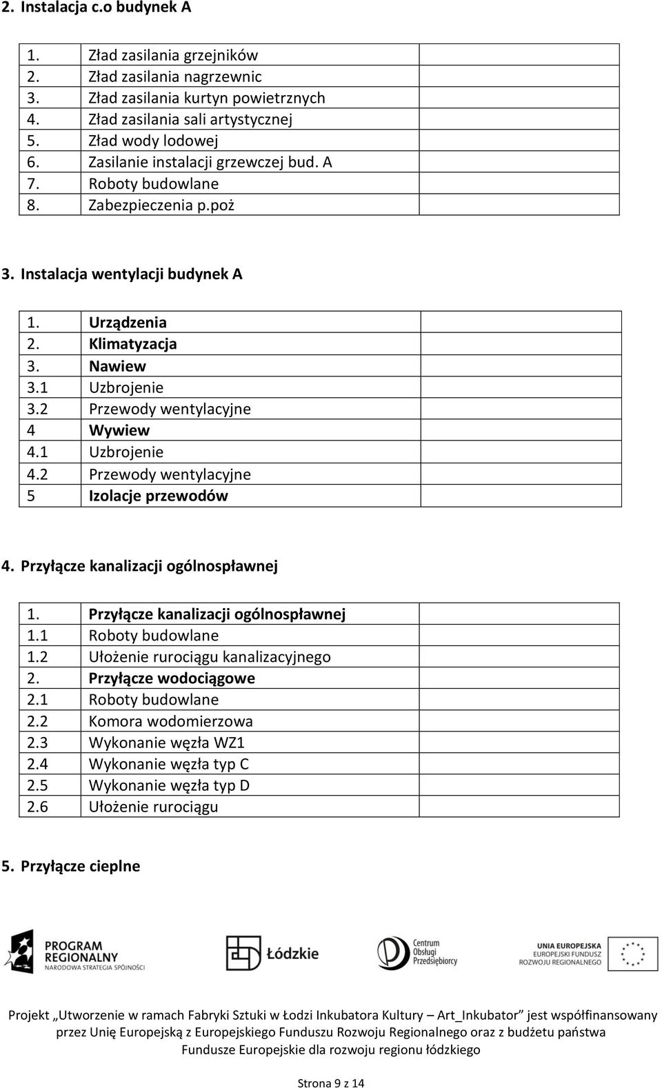 2 Przewody wentylacyjne 4 Wywiew 4.1 Uzbrojenie 4.2 Przewody wentylacyjne 5 Izolacje przewodów 4. Przyłącze kanalizacji ogólnospławnej 1. Przyłącze kanalizacji ogólnospławnej 1.1 Roboty budowlane 1.