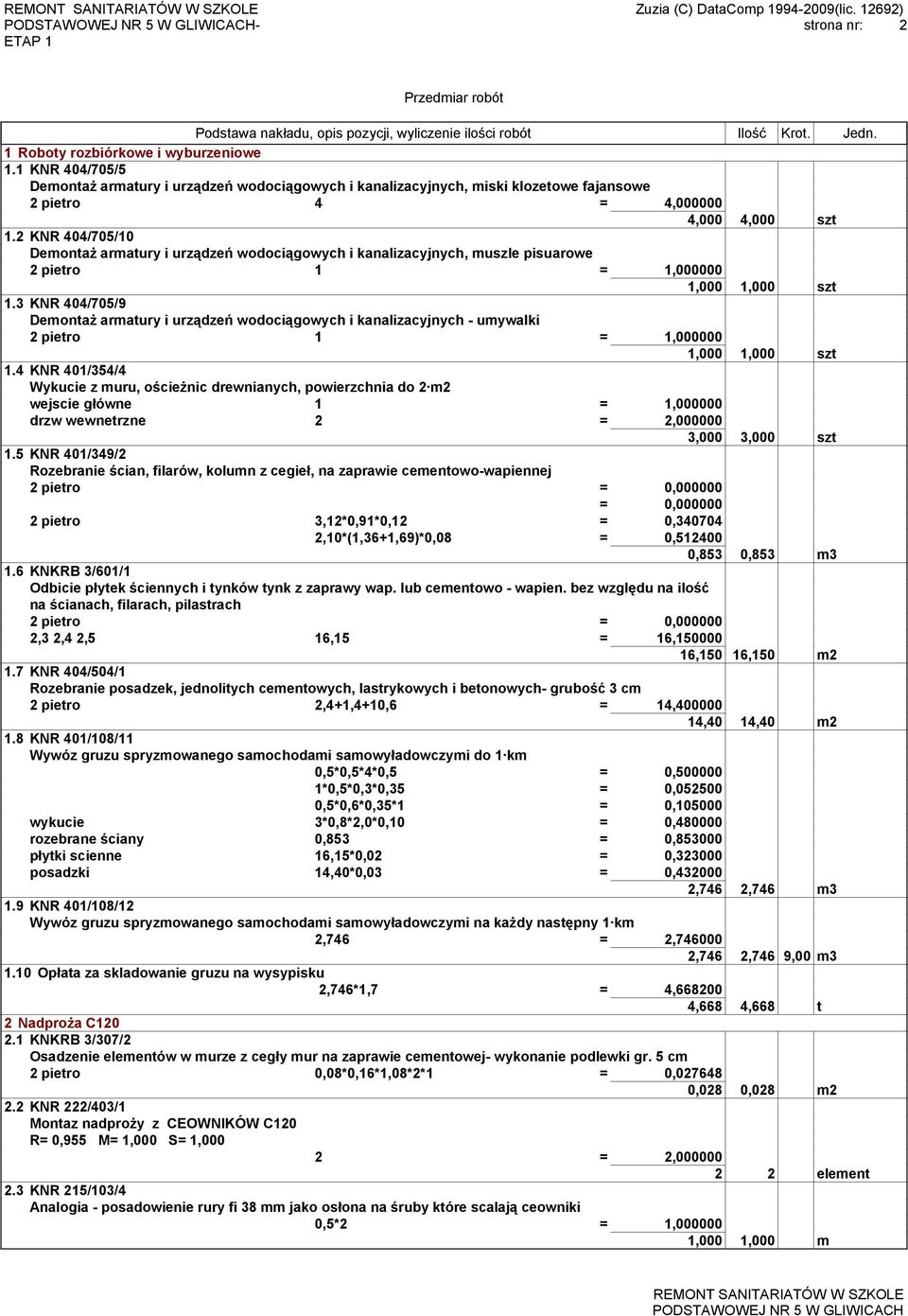 2 KNR 404/705/10 Demontaż armatury i urządzeń wodociągowych i kanalizacyjnych, muszle pisuarowe 2 pietro 1 = 1,000000 1.
