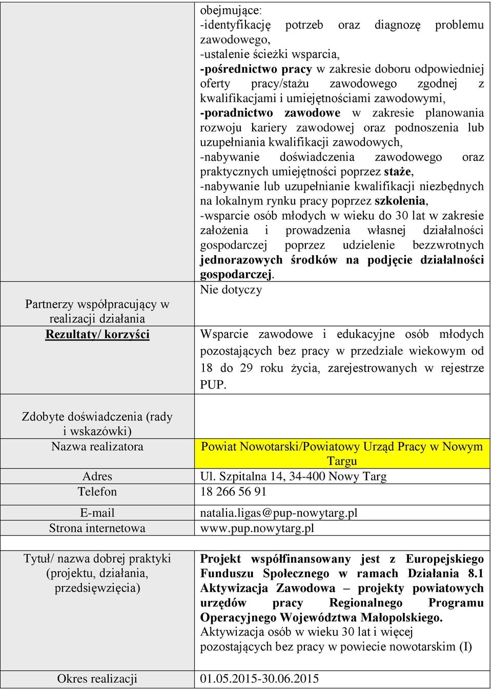 zawodowego oraz praktycznych umiejętności poprzez staże, -nabywanie lub uzupełnianie kwalifikacji niezbędnych na lokalnym rynku pracy poprzez szkolenia, -wsparcie osób młodych w wieku do 30 lat w