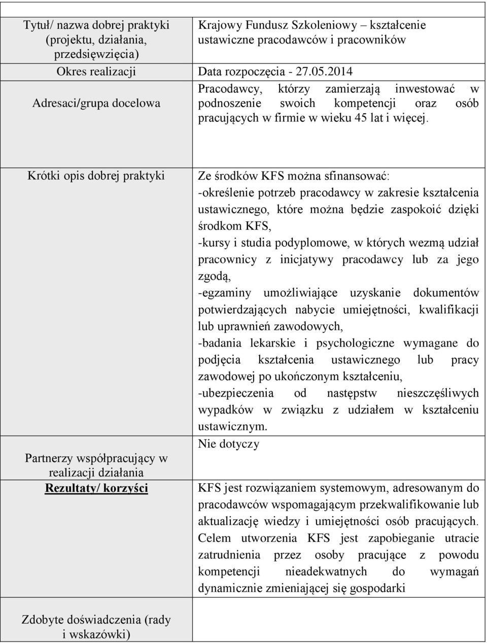 Krótki opis dobrej praktyki Ze środków KFS można sfinansować: -określenie potrzeb pracodawcy w zakresie kształcenia ustawicznego, które można będzie zaspokoić dzięki środkom KFS, -kursy i studia