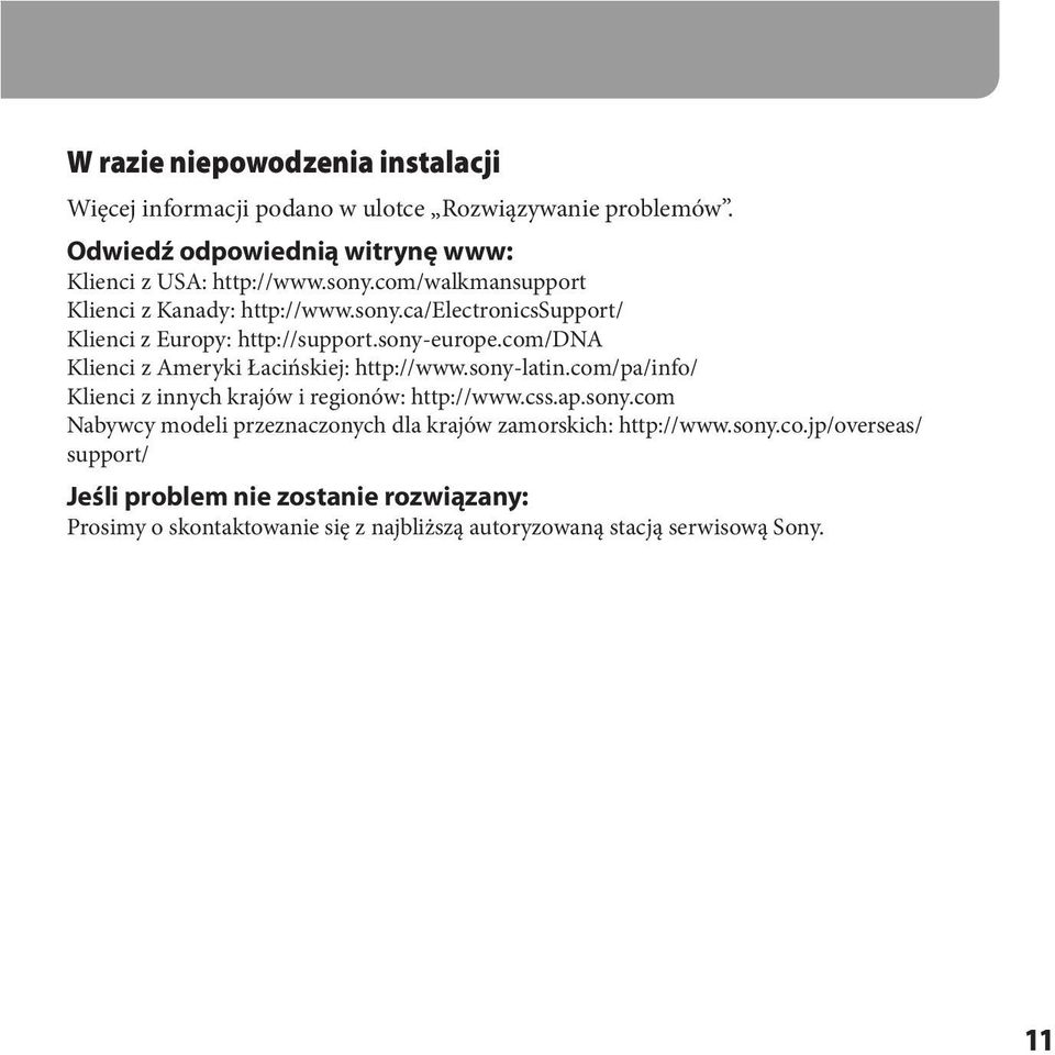 com/dna Klienci z Ameryki Łacińskiej: http://www.sony-latin.com/pa/info/ Klienci z innych krajów i regionów: http://www.css.ap.sony.com Nabywcy modeli przeznaczonych dla krajów zamorskich: http://www.