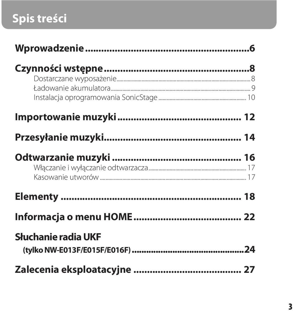 .. 14 Odtwarzanie muzyki... 16 Włączanie i wyłączanie odtwarzacza... 17 Kasowanie utworów... 17 Elementy.
