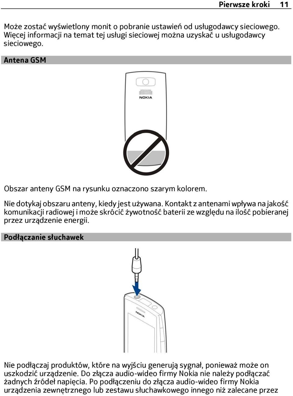 Kontakt z antenami wpływa na jakość komunikacji radiowej i może skrócić żywotność baterii ze względu na ilość pobieranej przez urządzenie energii.