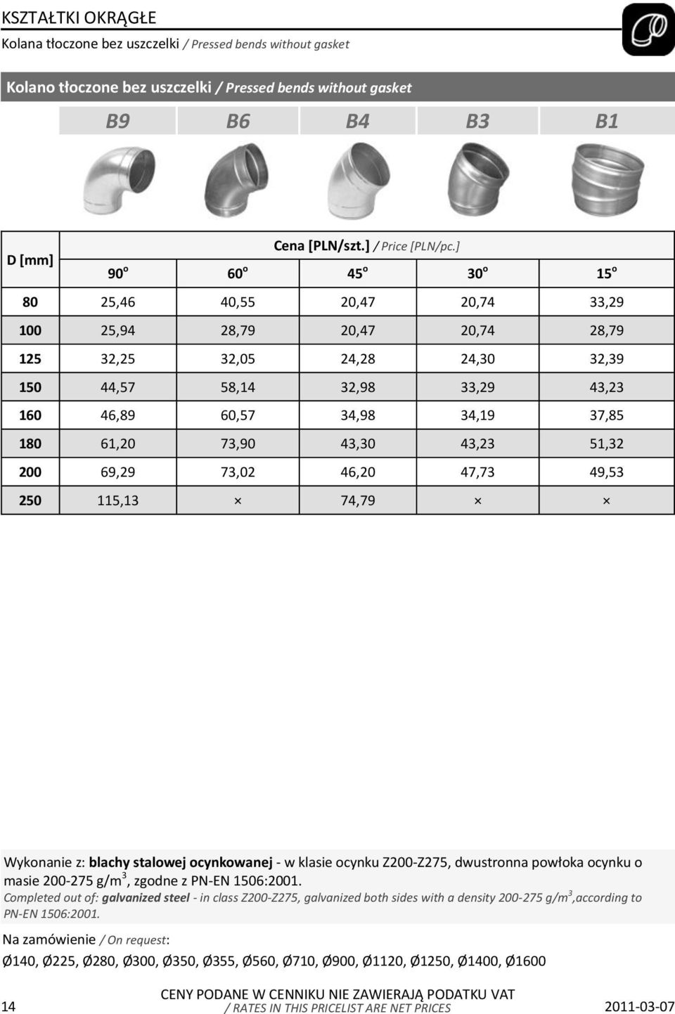 73,02 46,20 47,73 49,53 250 115,13 74,79 Wykonanie z: blachy stalowej ocynkowanej - w klasie ocynku Z200-Z275, dwustronna powłoka ocynku o masie 200-275 g/m 3, zgodne z PN-EN 1506:2001.