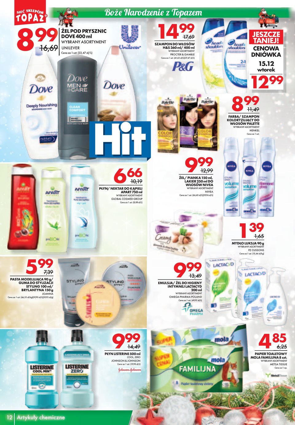 1 wtorek 1 6 66 10,19 PŁYN/ NEKTAR DO KĄPIELI APART 750 ml GLOBAL COSMED GROUP (8,88 zł/l) 9 1, ŻEL/ PIANKA 150 ml, LAKIER 50 ml DO WŁOSÓW NIVEA NIVEA (66,60 zł/l)(39,96 zł/l) 5 7,39 PASTA MODELUJĄCA