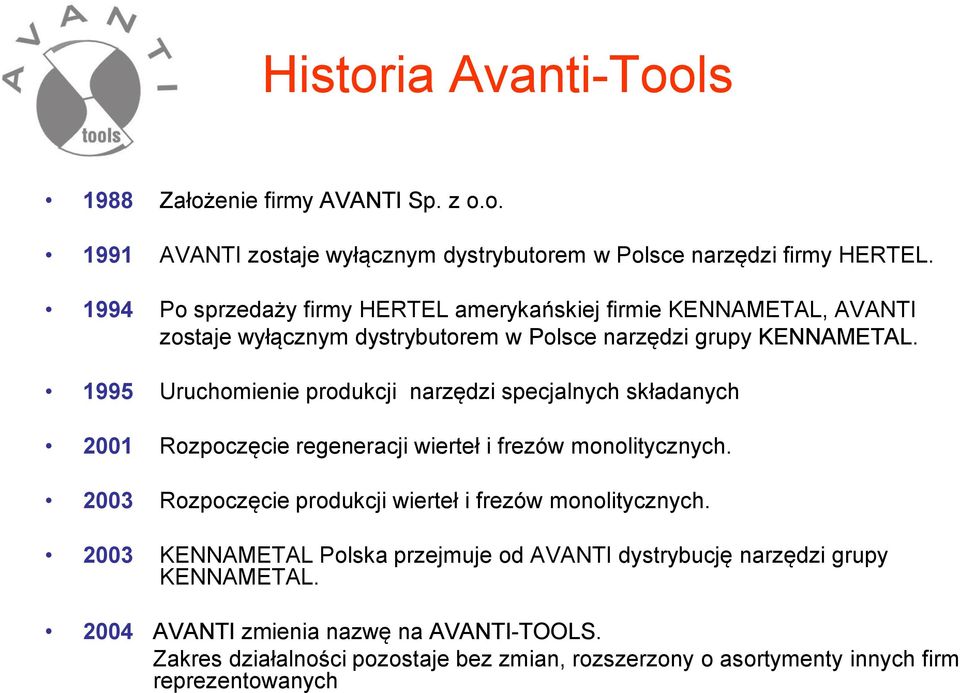 1995 Uruchomienie produkcji narzędzi specjalnych składanych 2001 Rozpoczęcie regeneracji wierteł i frezów monolitycznych.
