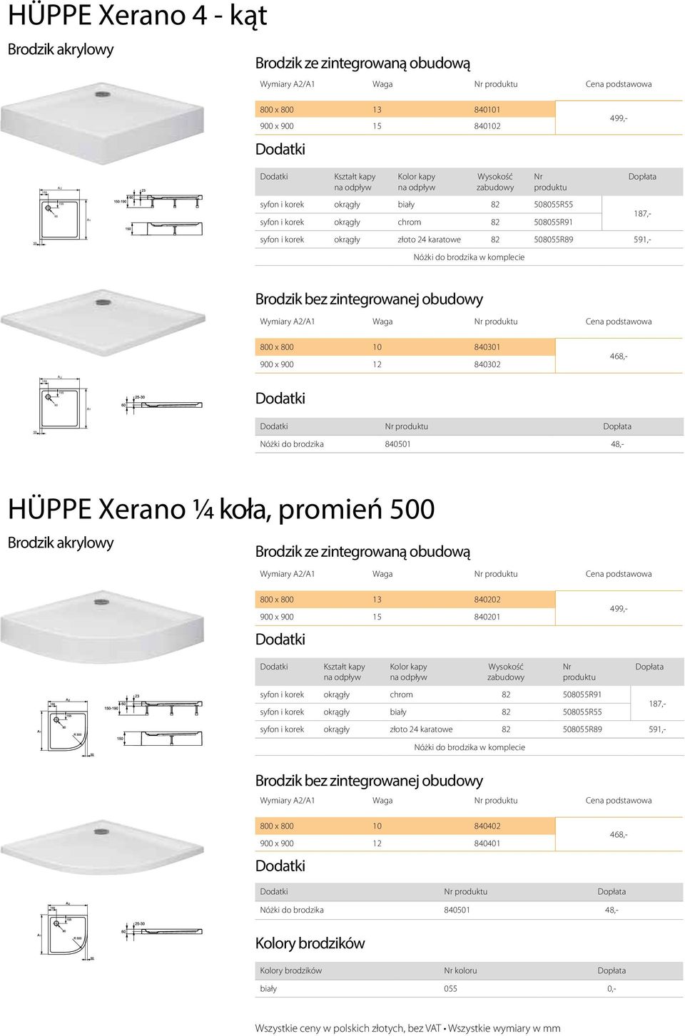 brodzika w komplecie Brodzik bez zintegrowanej obudowy Wymiary A2/A1 Waga Cena 800 x 800 10 840301 900 x 900 12 840302 468,- A2 155 90 175 155 Dodatki A1 55 Dodatki Dopłata Nóżki do brodzika 840501