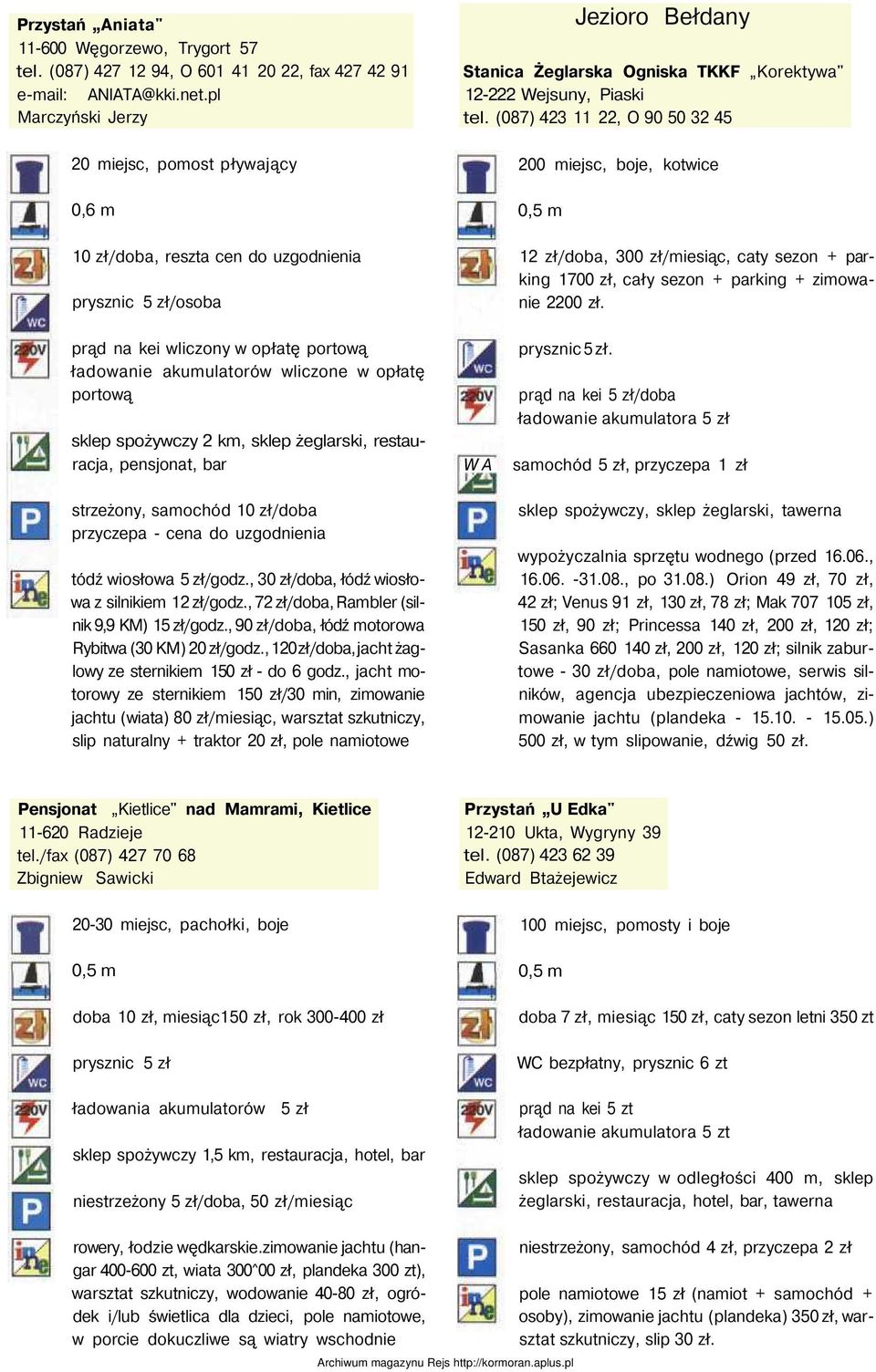 (087) 423 11 22, O 90 50 32 45 200 miejsc, boje, kotwice 12 zł/doba, 300 zł/miesiąc, caty sezon + parking 1700 zł, cały sezon + parking + zimowanie 2200 zł.