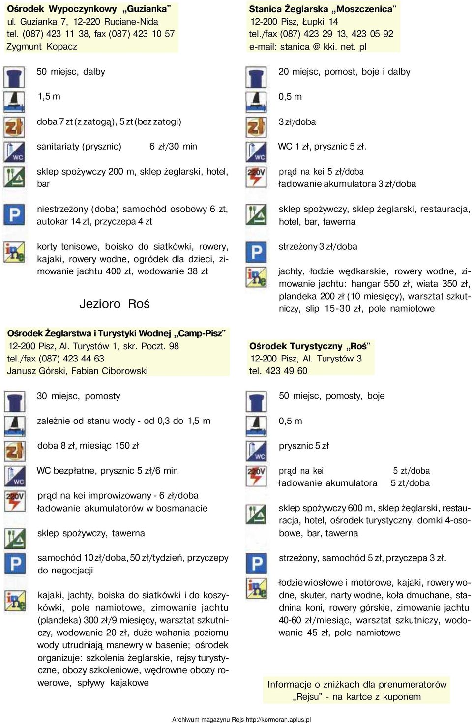 /fax (087) 423 29 13, 423 05 92 e-mail: stanica @ kki. net. pl 20 miejsc, pomost, boje i dalby 3 zł/doba sanitariaty (prysznic) 6 zł/30 min WC 1 zł, prysznic 5 zł.